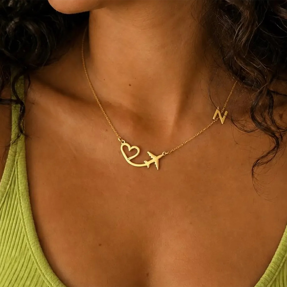 Name Necklace Custom - Kişiselleştirilmiş Kalp Uçak İlk Harf Kolye